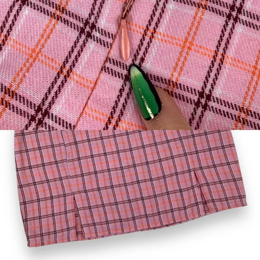 Vintage pink and orange plaid mini skirt with double slits - Picture 10 of 10